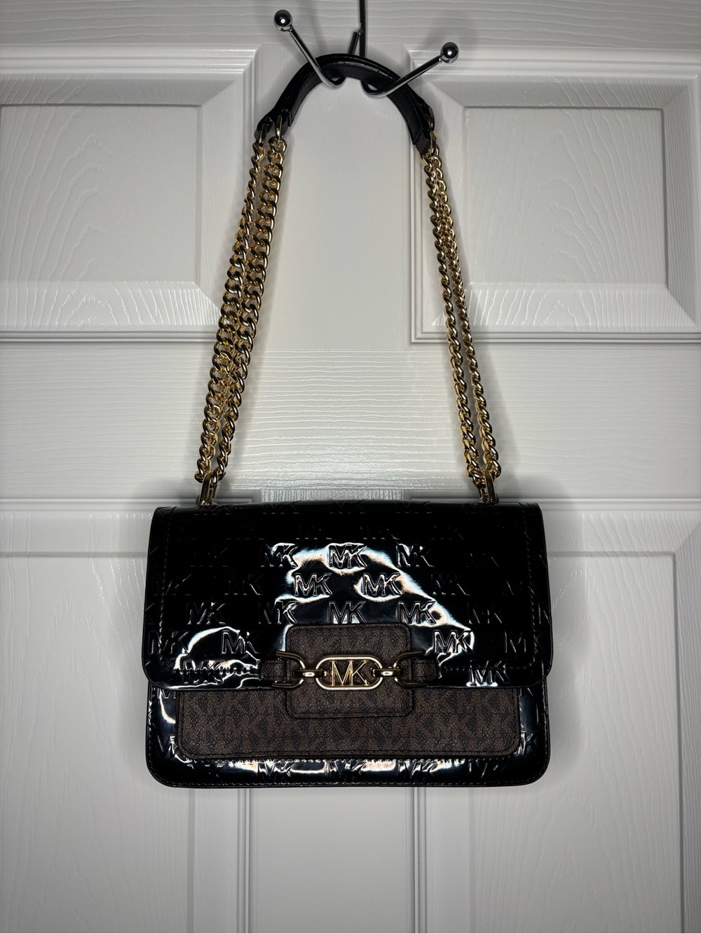 Michael Kors Black Patent Leather Shoulder Bag with Gold Chain